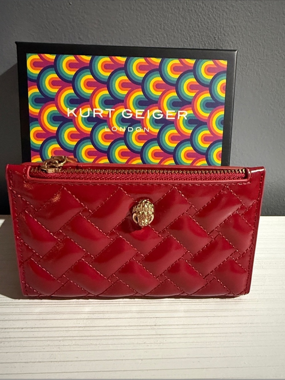 Kurt Geiger Red Quilted Patent Wallet with Gold Hardware